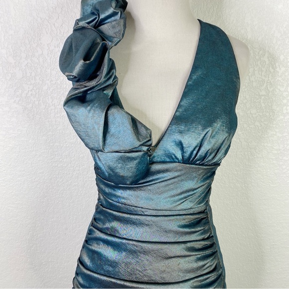 Vintage Cache Turquoise Blue Metallic Ruched Mini Dress - Picture 2 of 7